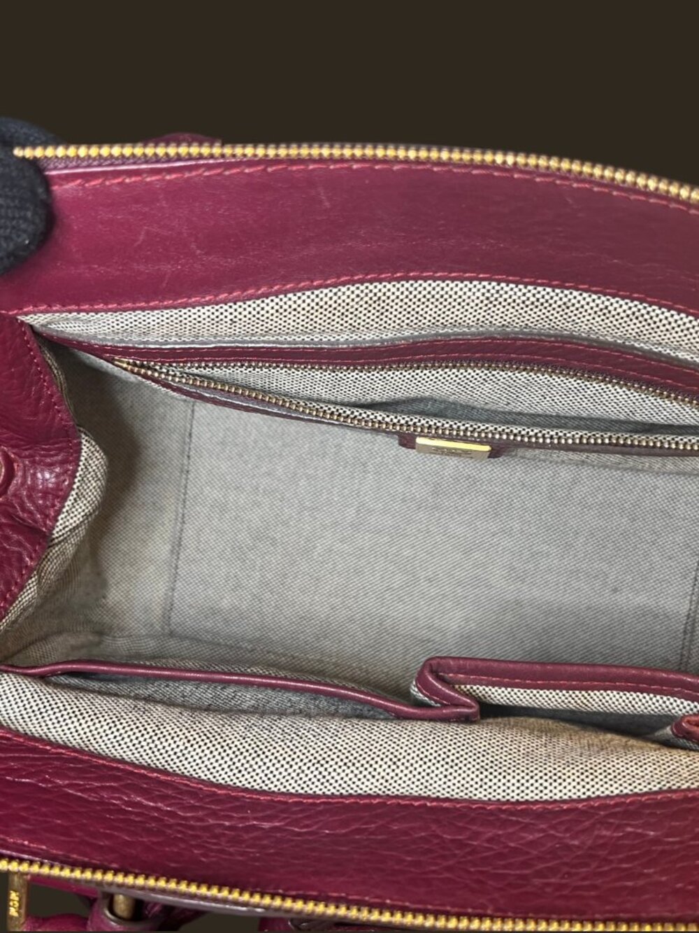 MCM München Burgundy Pebbled Leather Boston Satchel Crossbody Bag Gold Hardware - Picture 6 of 14